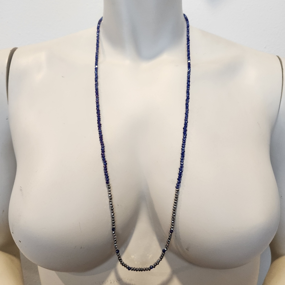Silver and Blue Beaded Long Necklace